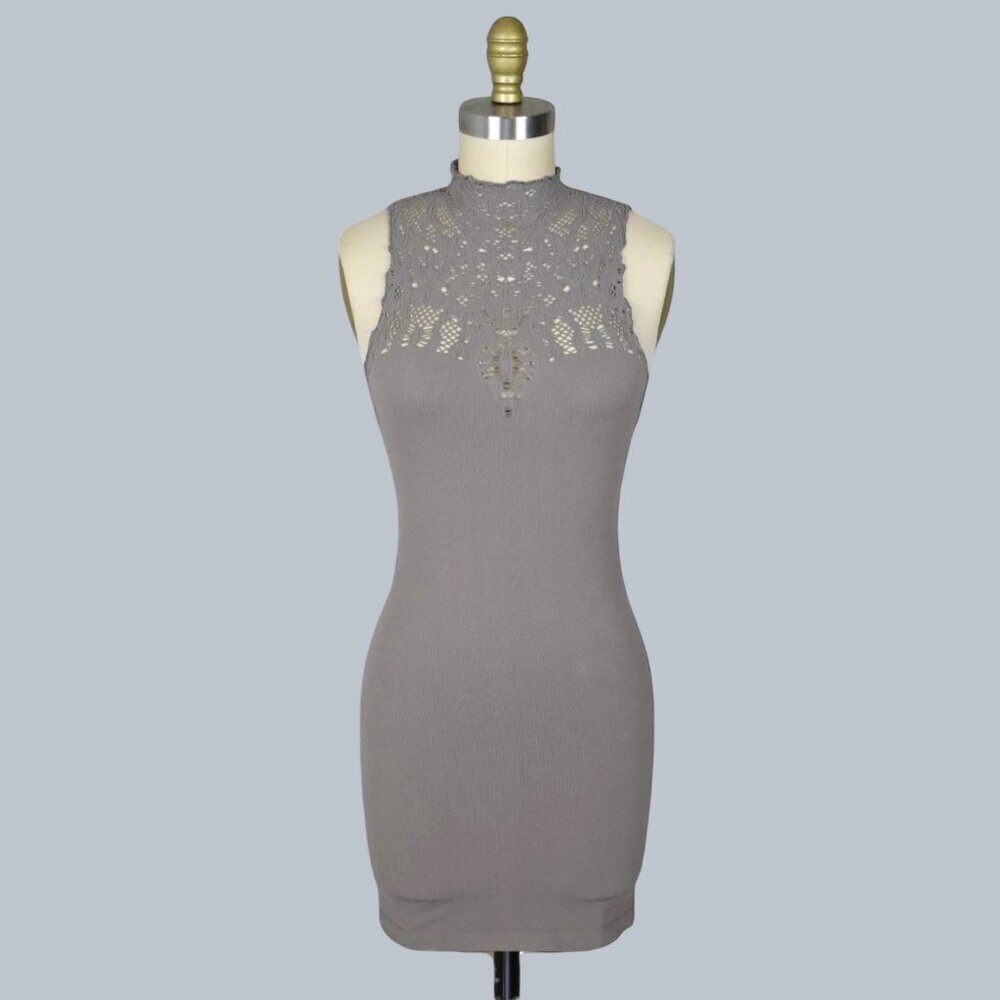 INTIMATELY CROCHET LACE GREIGE MOCK NECK BODYCON DRESS - Picture 3 of 9